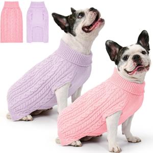 2 Pack Dog Sweaters for Medium Dogs Winter Turtleneck Pullover Cable Knit Fleece Stretch Frenchie Dachshund Pug Corgi Beagle Boy Girl Pet Clothes (M, Pink & Purple)