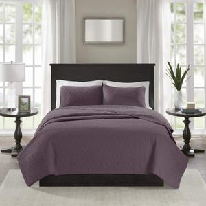 Madison Park Quebec Quilt Set - Luxurious Damask Stitching Design, Cotton Filled Lightweight Coverlet Bedspread Bedding, Shams, Full/Queen(90"x90"), Purple 3 Piece