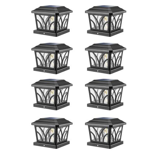 LeiDrail Solar Post Lights Outdoor, 2 Modes Aluminum Solar Deck Fence Cap Light Edison LED Bulbs for 4x4 5x5 6x6 Wooden Vinyl Posts, Patio Decoration Warm White & Cool White 8 Pack (Black)
