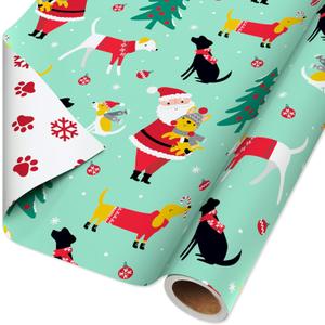 American Greetings Jumbo Reversible Christmas Wrapping Paper Roll, Puppy Dogs and Santa Paws Holiday Gift Wrap (175 sq. ft., 1 Extra Large Roll-30 in. x 70 ft.) Mint Green, Red, and White