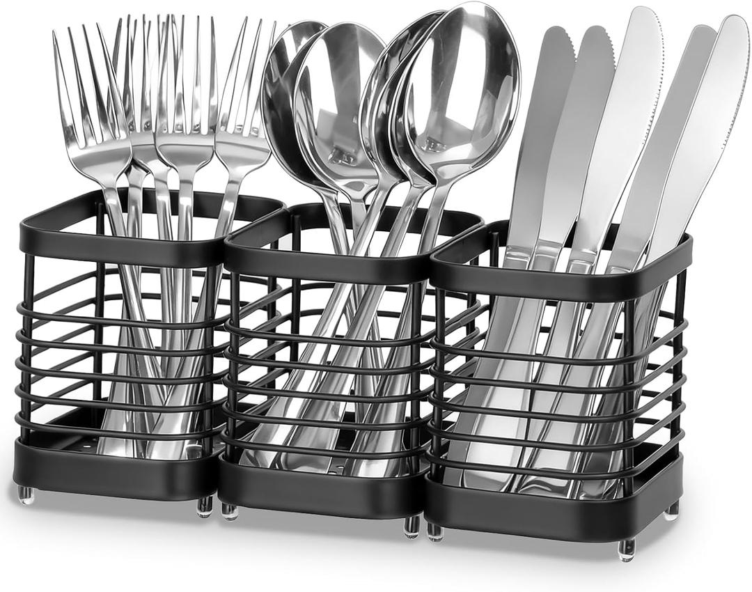 Utensil Holder, Stainless Steel Utensil Drying Rack for Kitchen Counter, Silverware Cutlery Flatware Holder Forks, Knives, Spoons, Chopsticks Organizer (Black) (9"Lx4"Wx4"H, Black)