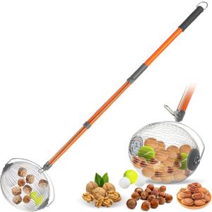 Nut Gatherer Tool Acorn Walnut Picker Upper Roller, Length Adjustable, Large Rolling Nut Collector for Pinecone, Hickory, Chestnuts, Buckeyes, Golf, Pinecone, Picks up Items 1'' to 2.5'' Size, Orange
