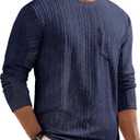 JMIERR Men's Long Sleeve Shirts Casual Crewneck Pullover T-Shirt Stretch Textured Knit Tee with Pocket (Navy Blue), S