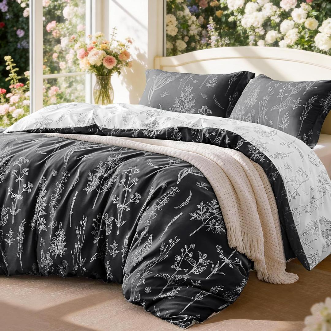 Love's cabin King Size Comforter Set Black - King Comforter Set, 3 Pieces Cute Floral Bedding Sets for All Seasons,1 Soft Reversible Botanical Flowers Comforter and 2 Pillow Shams