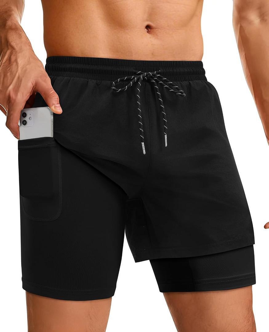 Mens Running Athletic Shorts with Zipper Pocket 5" Quick Dry 2 in 1 Liner Gym Sport Basketball Workout Swim (Black, S)