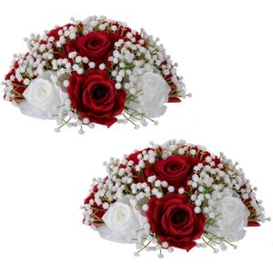 NUPTIO Flower Ball Arrangement Bouquet: 2 Pcs 9.4 inch Diameter Crimson Rose Fake Babys Breath Artificial Flowers for Wedding Centerpiece Event Party Tables Decorations