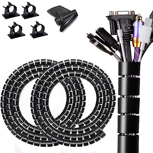 Fanoshon Large PC Cable Management Tube Sleeve Under Desk Wire Organizer for Cords 2 PCS Black, 1.1 inch -5 ft EZ Spiral Cable Wrap Cover Bundler w/Clips for TV Office, Pet Proof Cable Protector