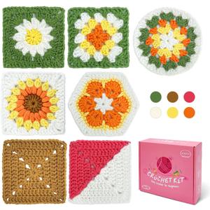 SGIBYN Crochet Kit for Beginners with Step-by-Step Video Tutorials, Granny Squares Beginners Starter Crochet Kit for Women Knitting Kits Learn to Crochet Set (Granny Squares)