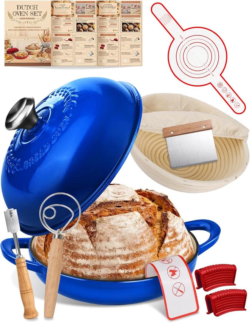 Dutch Oven Bread Baking Pot with Lid 6QT Enameled Cast Iron Oven, Gradient Blue Design & Complete Sourdough Kit (Banneton Basket, Dough Tools, Silicone Sling) for Artisan Bread Making
