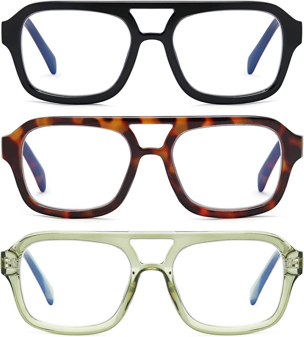Aviator Reading Glasses for Women Men, 3 Pack Blue Light Blocking PC Recycled Material Retro Computer Readers(Black/Demi/Olive), Magnification Strength: 1.5 x