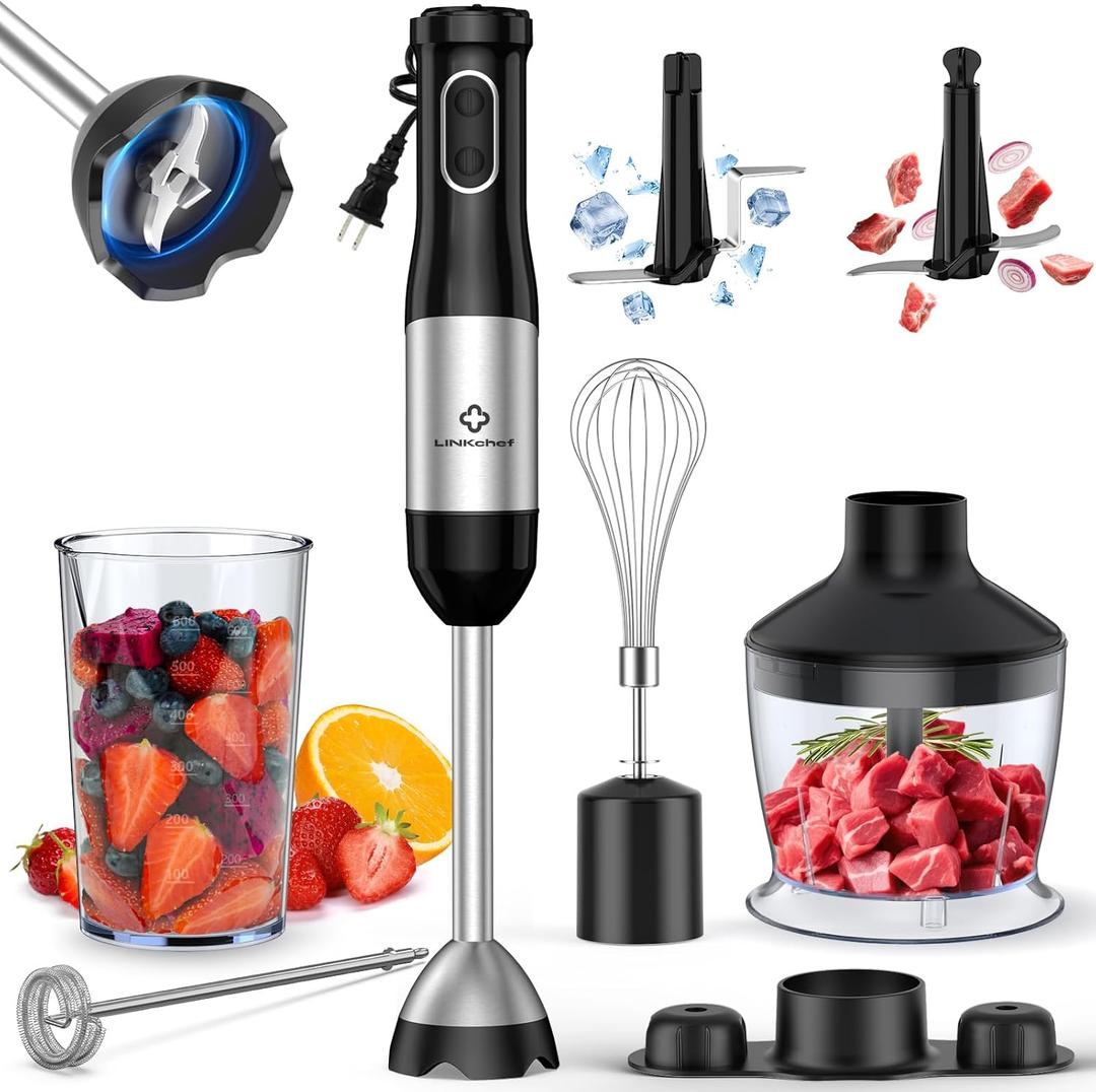 LINKChef 7-in-1 Immersion Blender, 800W Hand Blender with 20 Speeds and Turbo, Scratch-Resistant Guard, 2 Titanium Blades, Whisk, Milk Frother, Food Chopper, Beaker for Soup, Smoothies, Baby Food (Black)