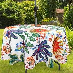 Outdoor Tablecloth with Umbrella Hole for Round Table, Waterproof Flowers Patio Table Cloth with Zipper - 60 x 60 inches