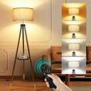 OUTON Wood Tripod Floor Lamp with Shelves, Mid Century Floor Lamp with Remote Control, 4 Color Temperature, LED Modern Dimmable Standing Lamp for Living Room, Bedroom, Office, Black & Gold