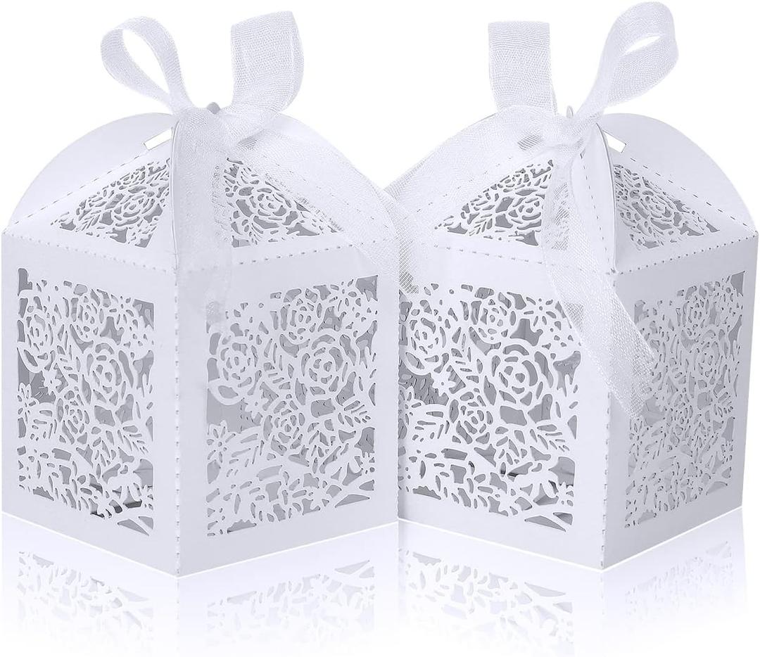 100pcs Laser Cut Favor boxes, Wedding Favors Candy Boxes with Ribbons and Tags, Small Gift Boxes for Wedding,Party,Baby Shower,Bridal Shower (100-2x2x2.76", White)