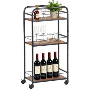 Small Bar Cart for Small Spaces, 3-Tier Slim Rolling Kitchen Cart on Wheels, Narrow Cart with Protective Fence, Industrial Mini Coffee Station for Home,Living Room,Bathroom, Rustic Brown