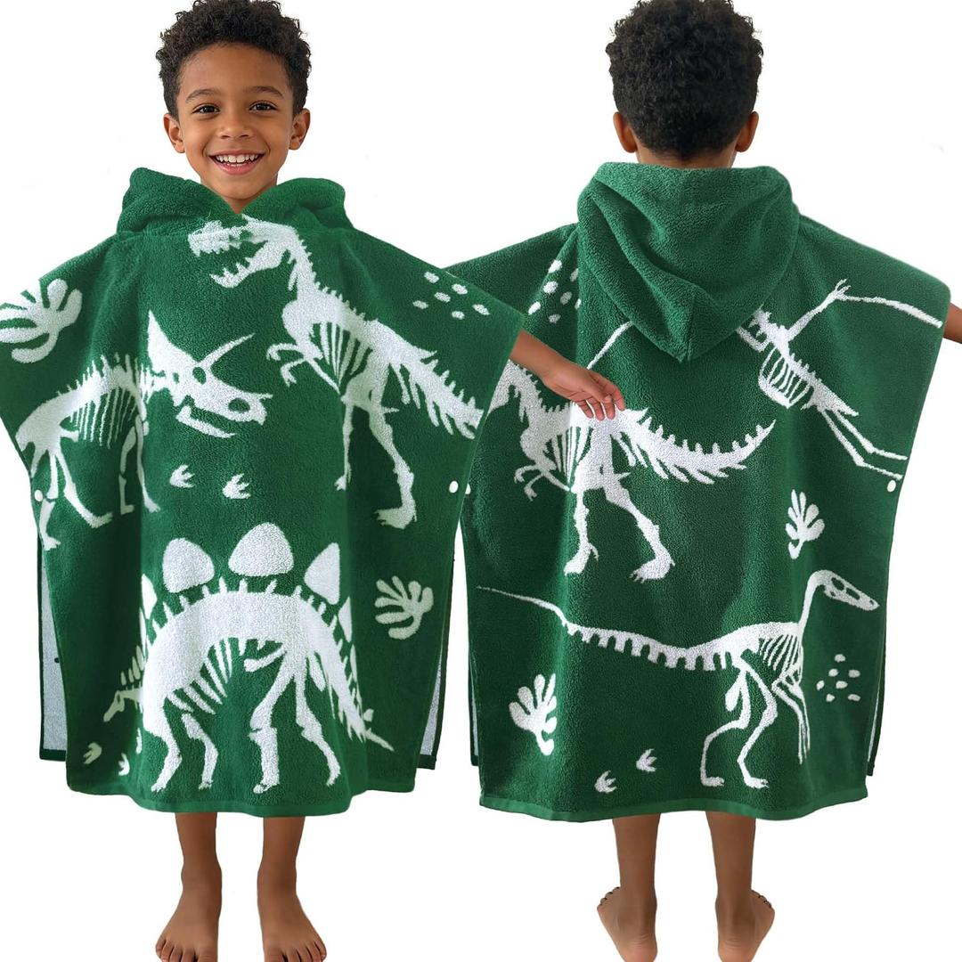 VOOVA & MOVAS Dinosaur Hooded Poncho Towels for Kids (4-8Years,28"x28"),Soft Cotton Thick Absorbent Towel Robe for Toddler Boys,Perfect for Bathroom | Pool | Swimming, Jacquard Green Dino