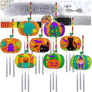 Winlyn 24 Sets Halloween Pumpkin Suncatcher Wind Chime Ornaments Decorations DIY Window Paint Art Suncatcher Craft Kits Pumpkin Sun Catchers for Kids Classroom Halloween Activities Holiday Art Project