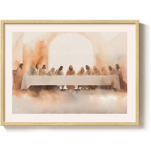 Framed Vintage Christian Wall Art, Neutral Last Supper Canvas Print of Jesus and Disciples, Beige Biblical Artwork for Dining Room, Living Room, Prayer Room, 12x16 Inch
