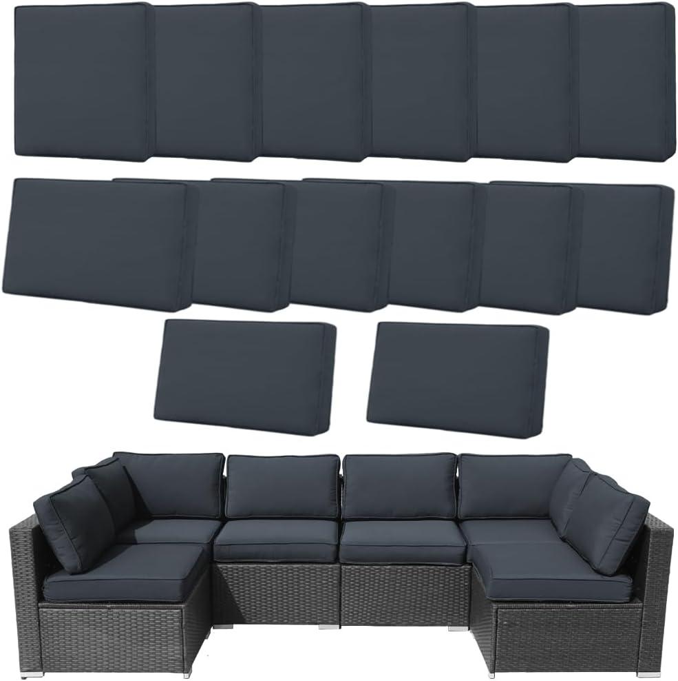 Frxeyaliz 14Pcs Outdoor Cushion Covers Replacement Washable w/ Zipper for 6-Seaters Sofa Patio Slipcovers Set Seat and Back Covers Only-23.6x23.6x4inch, Black