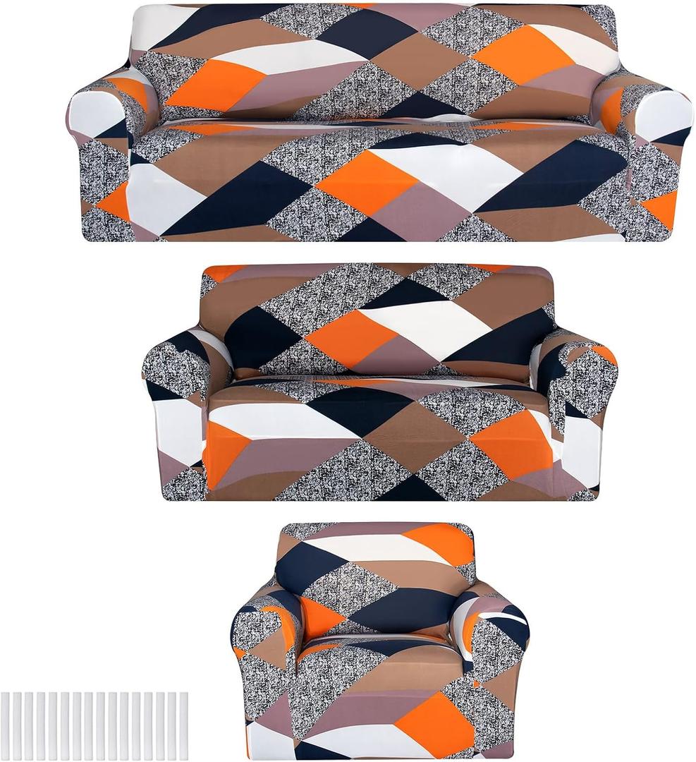 Peryiter 3 Pcs Slipcover Set for Couch Furniture Covers for Sofa Loveseat Couch Arm Chair, Form Fit Stretch, Wrinkle Free, Furniture Protector(Gray Diamond,Milk Silk Spandex)
