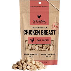 Vital Essentials Freeze Dried Dog Treats | Chicken Breast, Single Ingredient | Premium Quality | Grain Free Training Treats for Dogs, 2.1 oz Bag (EXP 10/31/26)