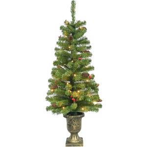4FT Artificial Potted Christmas Tree with Lights, Pre-lit Mini Christmas Tree with 50 LED Lights, Small Fake Spruce Tree with 140 Branch Tips, Pine Cones&Red Berries, Battery Operated (Green)