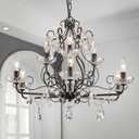 WUZUPS 9-Light Crystal Candle Chandelier Pendant Flushmount Ceiling Light Modern Lighting Fixture for Bedroom Hallway Bar Kitchen Bathroom, H 18.1" x W 25.6", Black, E12 Base
