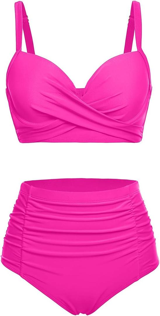 Yonique Women Underwire Bikini Set High Waisted Tummy Control Swimsuit 2 Piece Push Up Bathing Suit (X-Large, Hot Pink)