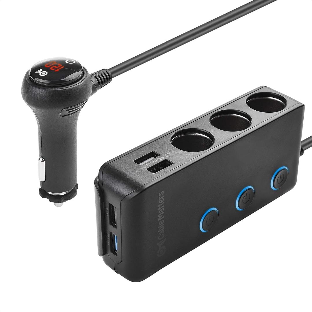Cable Matters 3 Socket Car Cigarette Lighter Adapter with 4 USB Ports, On/Off Switch and LED Display - 2X Fuses and Mounting Bracket Included