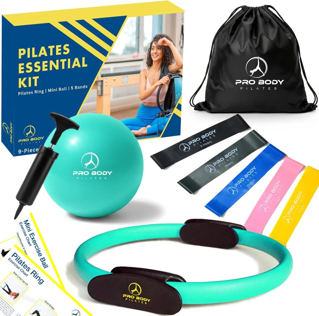 ProBody Pilates Ring Set with 14-Inch Magic Circle Ring, 9-Inch Exercise Ball, 5 Resistance Bands, Pump, Training Guides, & Storage Bag for Core Strength, Balance, Stability Training (Aqua)