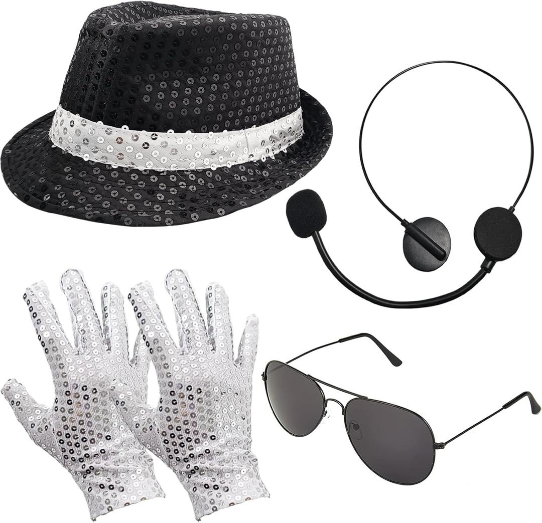 Pop Star Costume Rock Super Star Cosplay Accessories Halloween Famous Singer Outfit Sunglasses Fake Microphone Sequin Hat Gloves