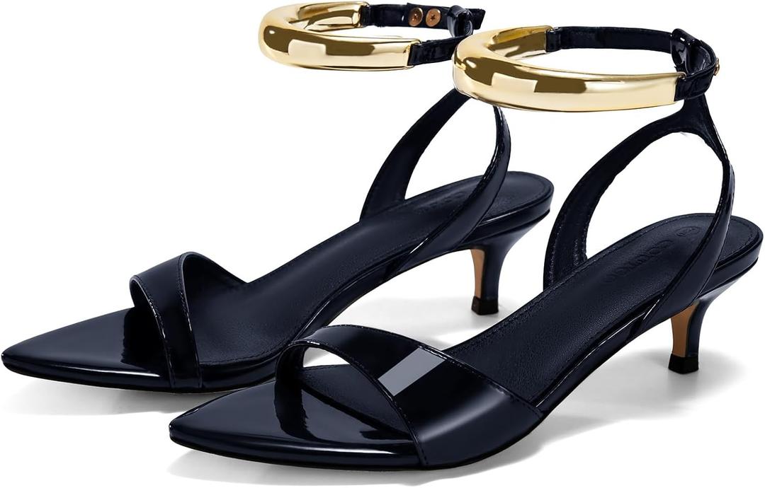 Coutgo Women's Low Kitten Heels Sandals Strappy Pointed Open Toe One Strap Metal Summer Dress Shoes (7, Navy Blue)