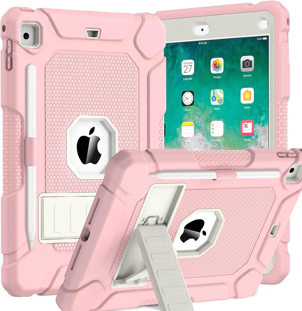 BMOUO Case for iPad 6th 5th Generation (iPad 9.7 inch, 2018/2017), Shockproof Protective iPad 9.7 Case with Built-in Stand/Pencil Holder for iPad 6th/5th Gen, Air 2, Pink