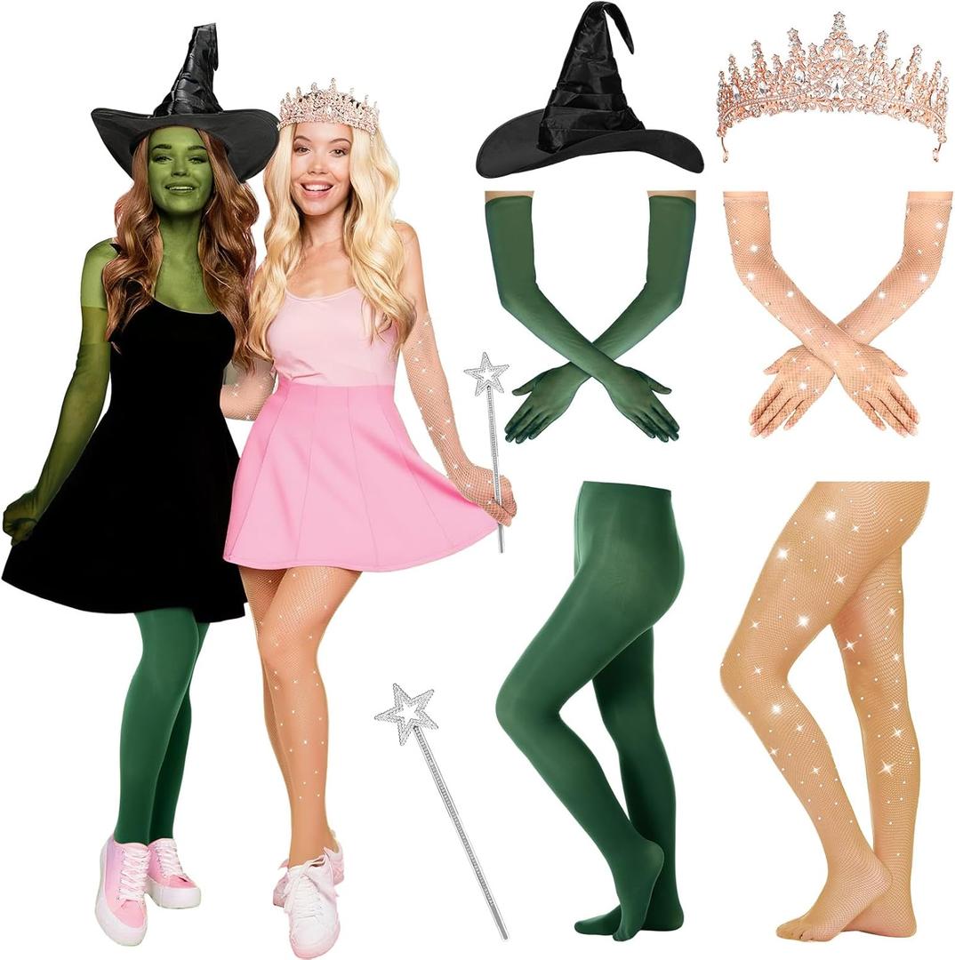 7 Pcs Pink Princess Green Witch Accessories Set Classic Movie Cosplay Including Ruched Witch Hat Crowns Gloves Sparkle Fishnets Fairy Wand Star Wand for Women Friendship Halloween Party