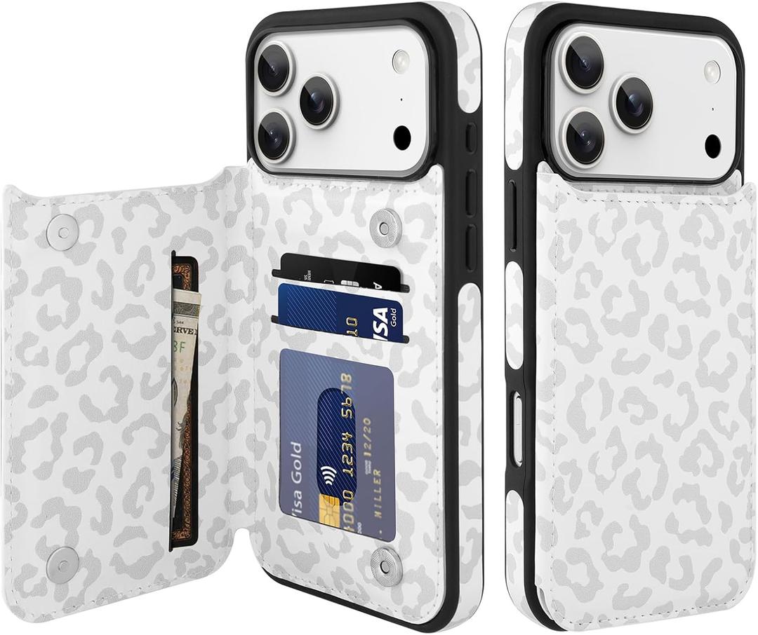 tharlet Compatible with iPhone 17 Pro Case with Card Holder, Cheetah Print PU Leather Kickstand Card Slots for Women Girls, Shockproof Wallet Case for iPhone 17 Pro 6.3''(White)