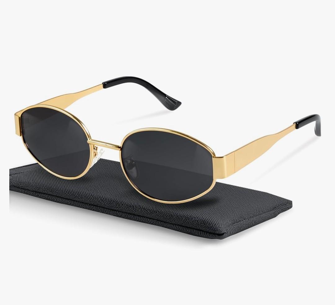 livho Retro Polarized Sunglasses - UV400 Protection, Oval Shape, Metal Frames - Matching Soft Case Inlcuded