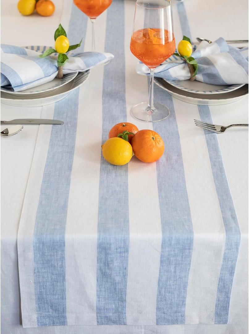 Solino Home Linen Table Runner 72 Inches Long - Cabana Stripe, 100% Pure Linen Sky Blue and White Table Runner 14 x 72 Inch for Dining, Dresser, Summer