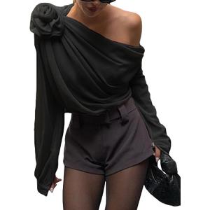KMBANGI Women Sexy Chiffon Top One Shoulder Long Sleeve 3D Floral Mesh Shirt See Through Dressy Blouse Going Out Tops (Large, Black Applique)