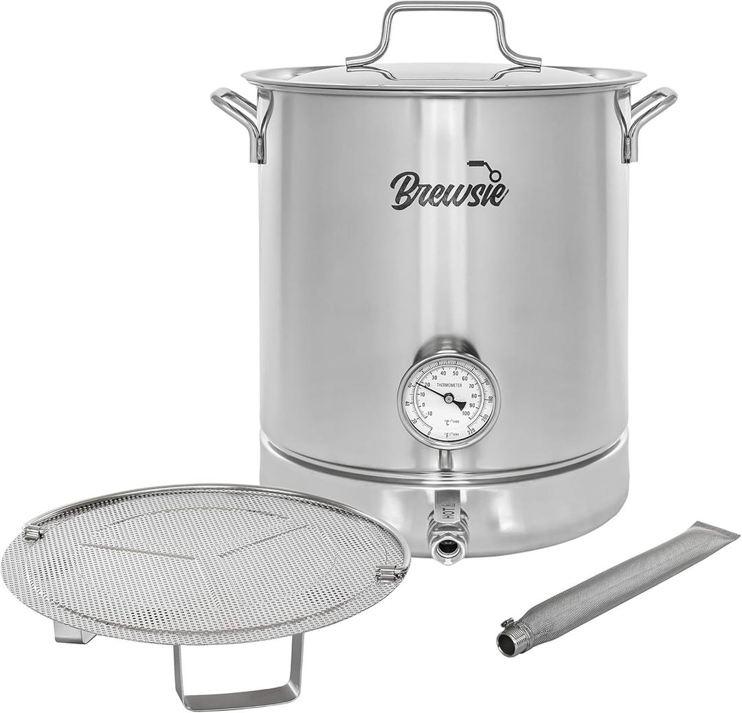 BREWSIE Stainless Steel Home Brew Kettle w/Dual Filtration. Equip with False Bottom Thermometer and Ball Valve for Brewing (10 Gal/ 40 Quart)