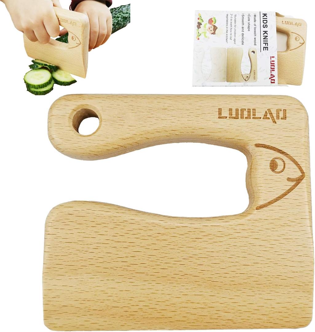 Wooden Kids Knife for Cooking and Safe Cutting Veggies Fruits, Cute Fish Shape Kids Kitchen Tools, Christmas Gifts for kids, 2-5 Years Old Applicable