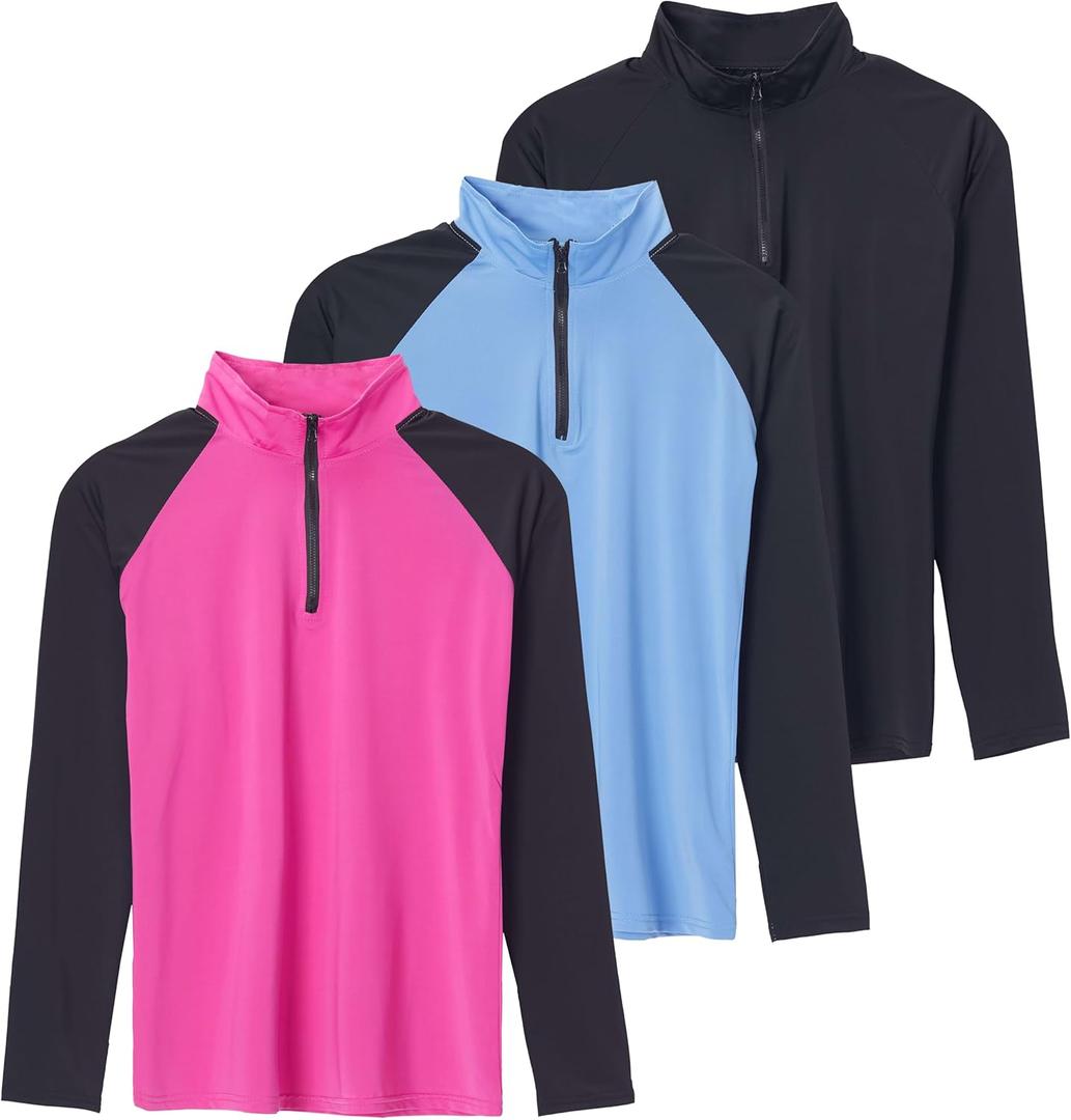 Real Essentials 3 Pack: Women's 1/4 Zip Rash Guard Long Sleeve Swim Shirt UPF Sun Protection UV Surf Tops (L)