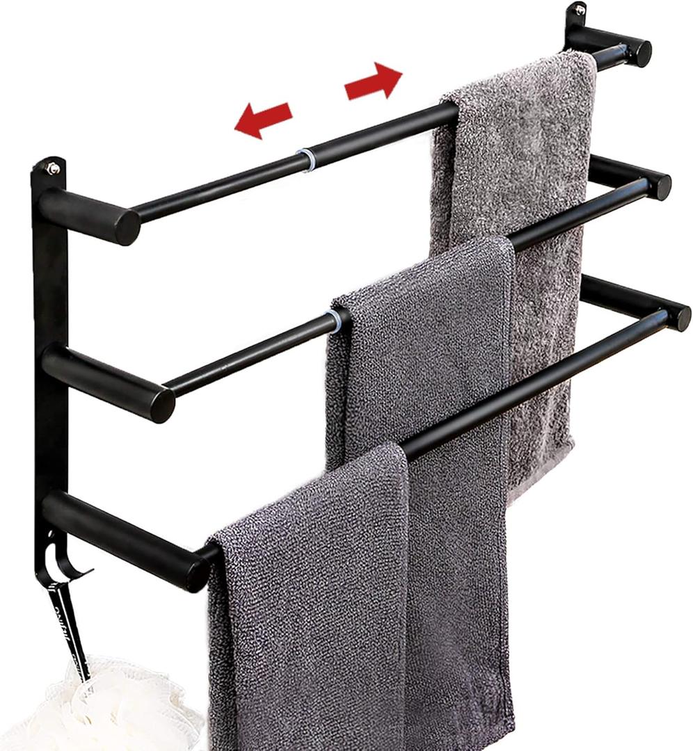 Towel Bars Freely Retractable 20-30 Inche Stainless Steel 304 Bath Towel Rack Strong 3M Adhesive Bathroom Wall-mounting Free mounting Hole-Installing washroom Kitchen Space Saving Black-2 Bars