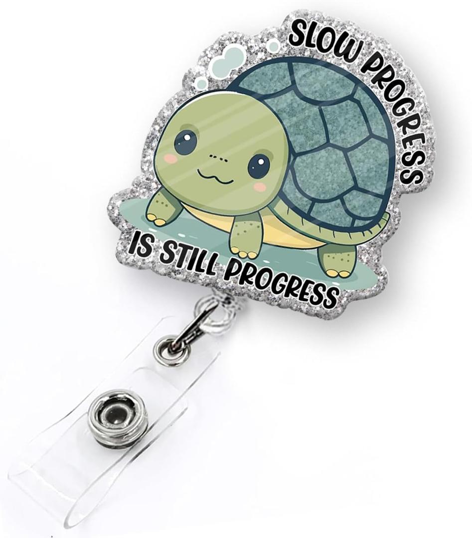 Cute Turtle Badge Reel Retractable for Nurse Nursing Student RN CNA & Medical Worker, Slow Progress is Still Progress Badge Clip, Pediatric Badge Holder with Alligator Clip & 24" Durable Nylon Cord
