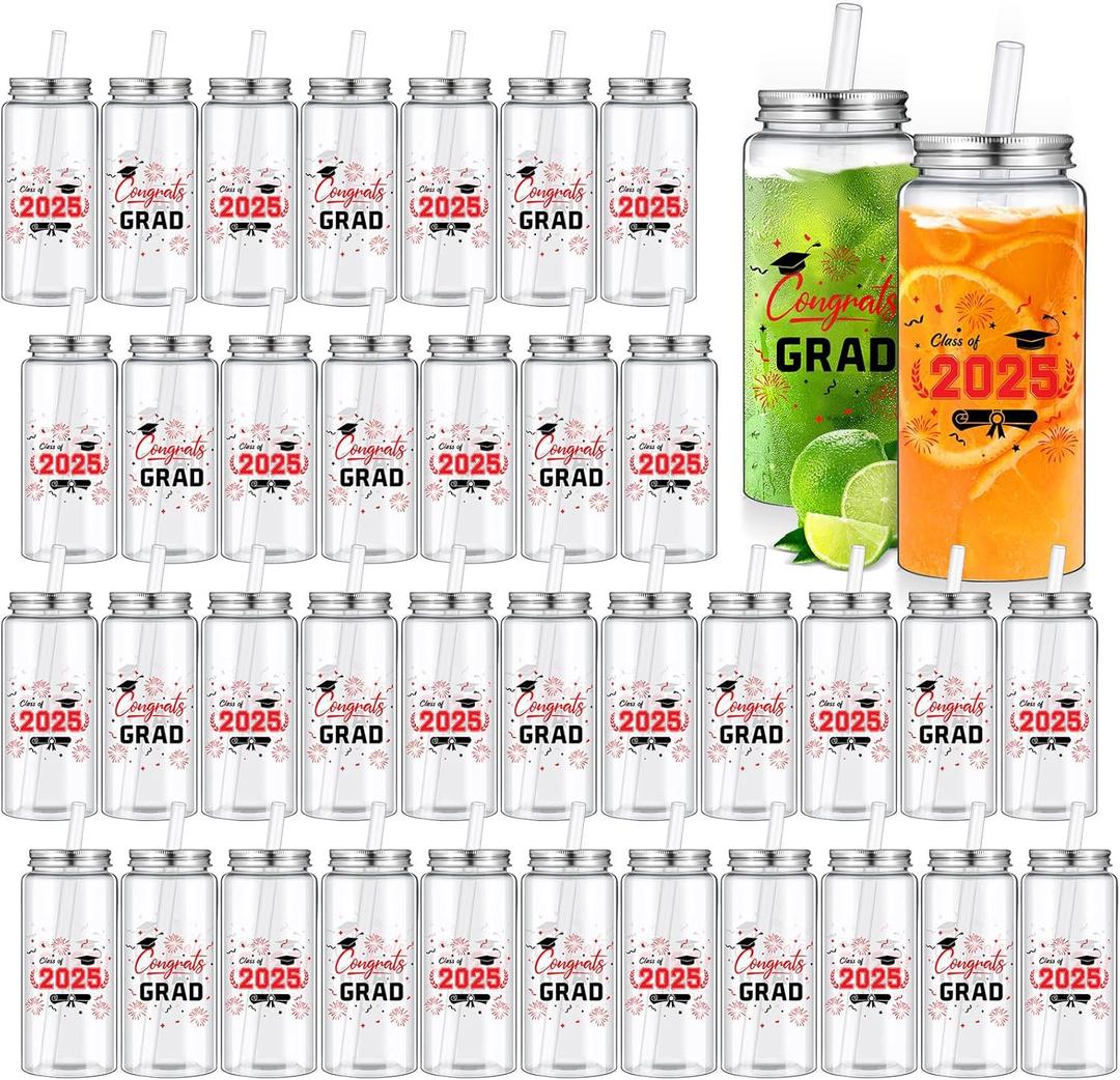 Pickmesh 36 Pcs Reusable Graduation Cups 13.5 oz Clear Plastic Tumblers with Lids and Straws Class of 2025 Party Supplies for Graduation Decorations and Congrats Grad Events (Black,Red)