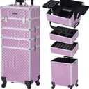 TOPACK Professional 4-In-1 Rolling Makeup Train Case, Large Makeup Travel Case with Key Shoulder Strap/Handle Cushion I Makeup Train Case Organizer I Cosmetology Case on Wheels I Pink