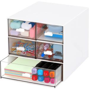 Desk Organizer with 5 Drawers, Rectangular Office Stationery Supplies Desktop Drawers, Plastic Makeup Storage, Suitable for Office, School, Home (White & 5 Drawers)