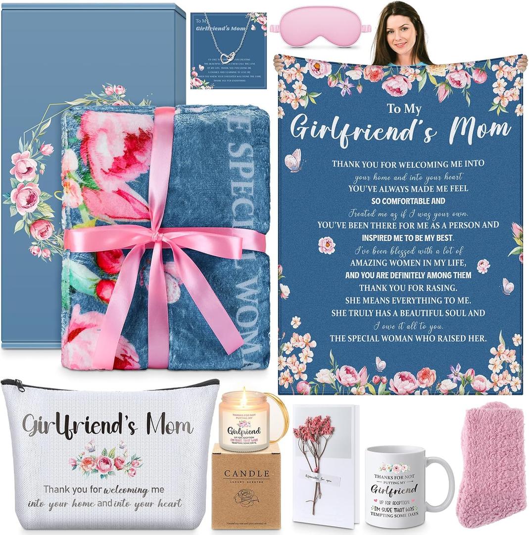10 Pcs Gifts for Boyfriend's Girlfriend's Mom Future Mother in Law Basket Women Birthday Mothers Day Gift Set Include Blanket Necklace Candle Mug Socks(Girlfriend's Mom)