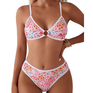 Fanuerg Women's Triangle Bikini Sets O Ring Linked Two Piece Swimsuits Floral Printed Cheeky Bathing Suit Medium Size