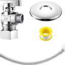 1 Pack Complete Toilet Valve Set, Includes 1/2'' Nom Inlet x 3/8'' OD Compression Outlet Angle Shut Off, Stainless Steel Toilet Water Supply Line, Escutcheon Plate, Sealing Tape (12 Inch)