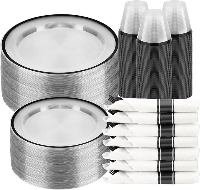 BESTSTAR 350PCS Clear and Black Disposable Plates Set for 50 Guests, 100 Plastic Plates, 50 Plastic Cups, 50 Pre-Rolled Napkins with Cutlery for Party, Thanksgiving, Birthday, Halloween, Christmas